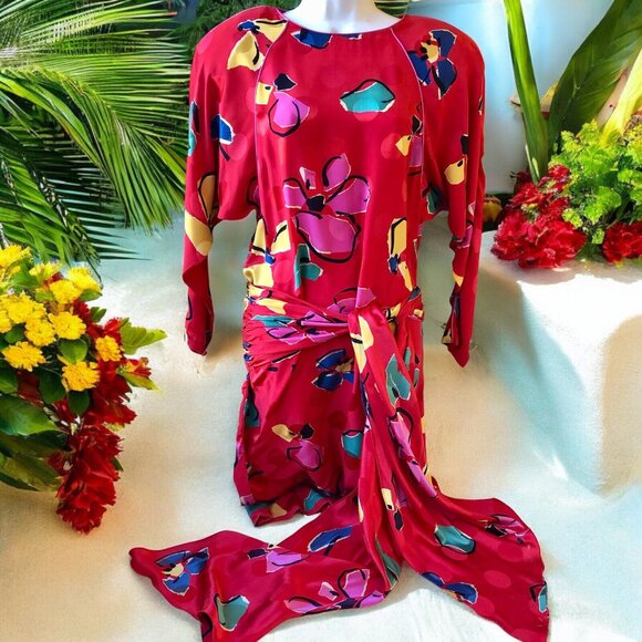 Joan Leslie by Kasper Vintage 70's Red SILK Dress Wrap Sash Hong Kong - Picture 6 of 14